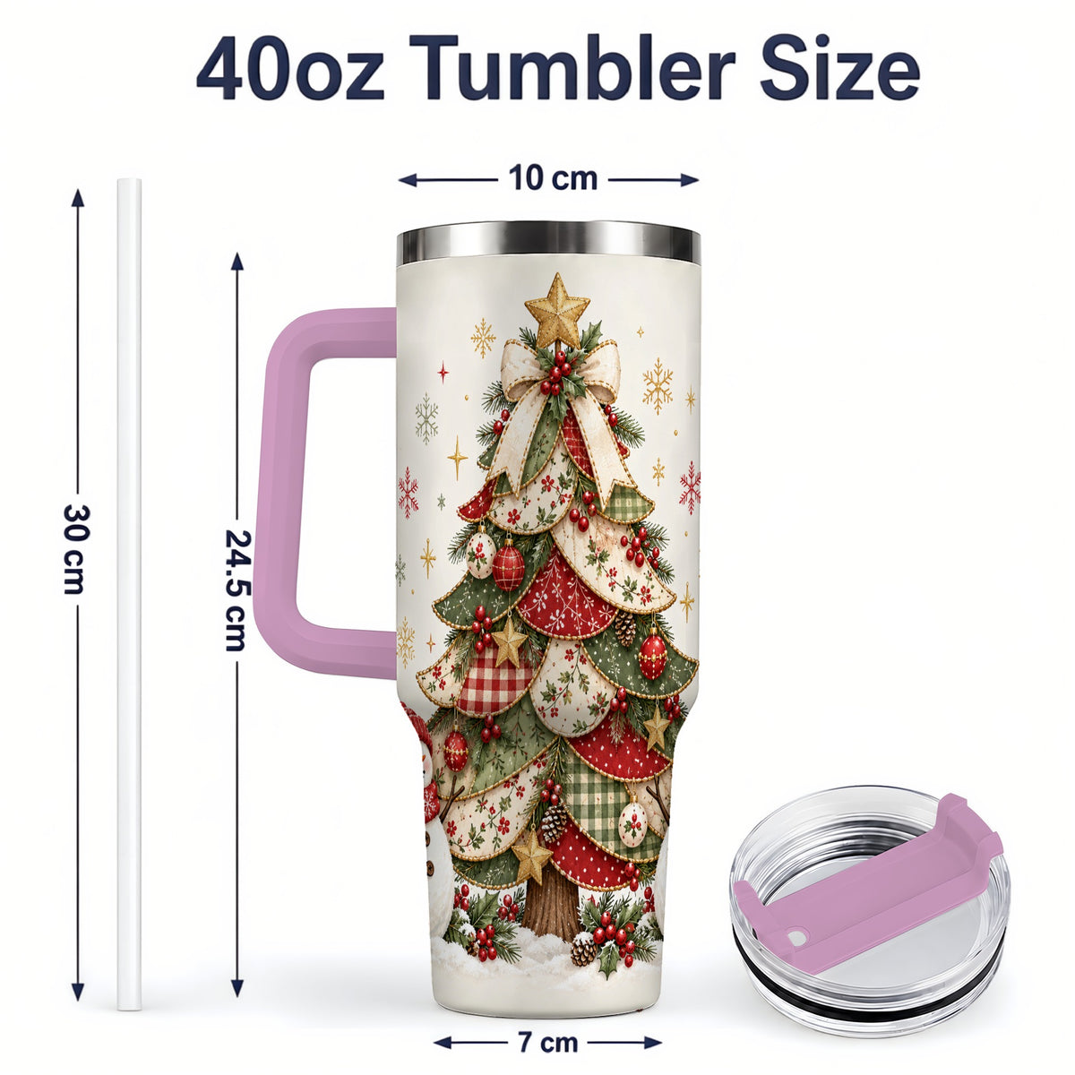 #pl[40oz|Pink] Christmas Tree Snowman Handled Tumbler, 40oz Festive Winter Drinkware
