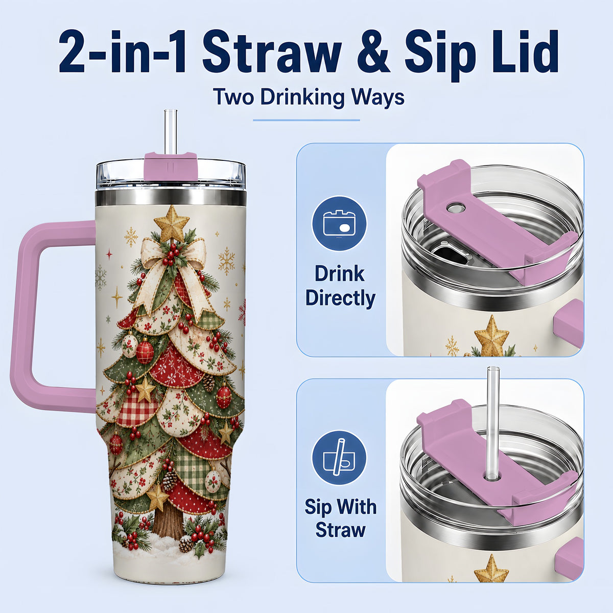 #pl[40oz|Pink] Christmas Tree Snowman Handled Tumbler, 40oz Festive Winter Drinkware