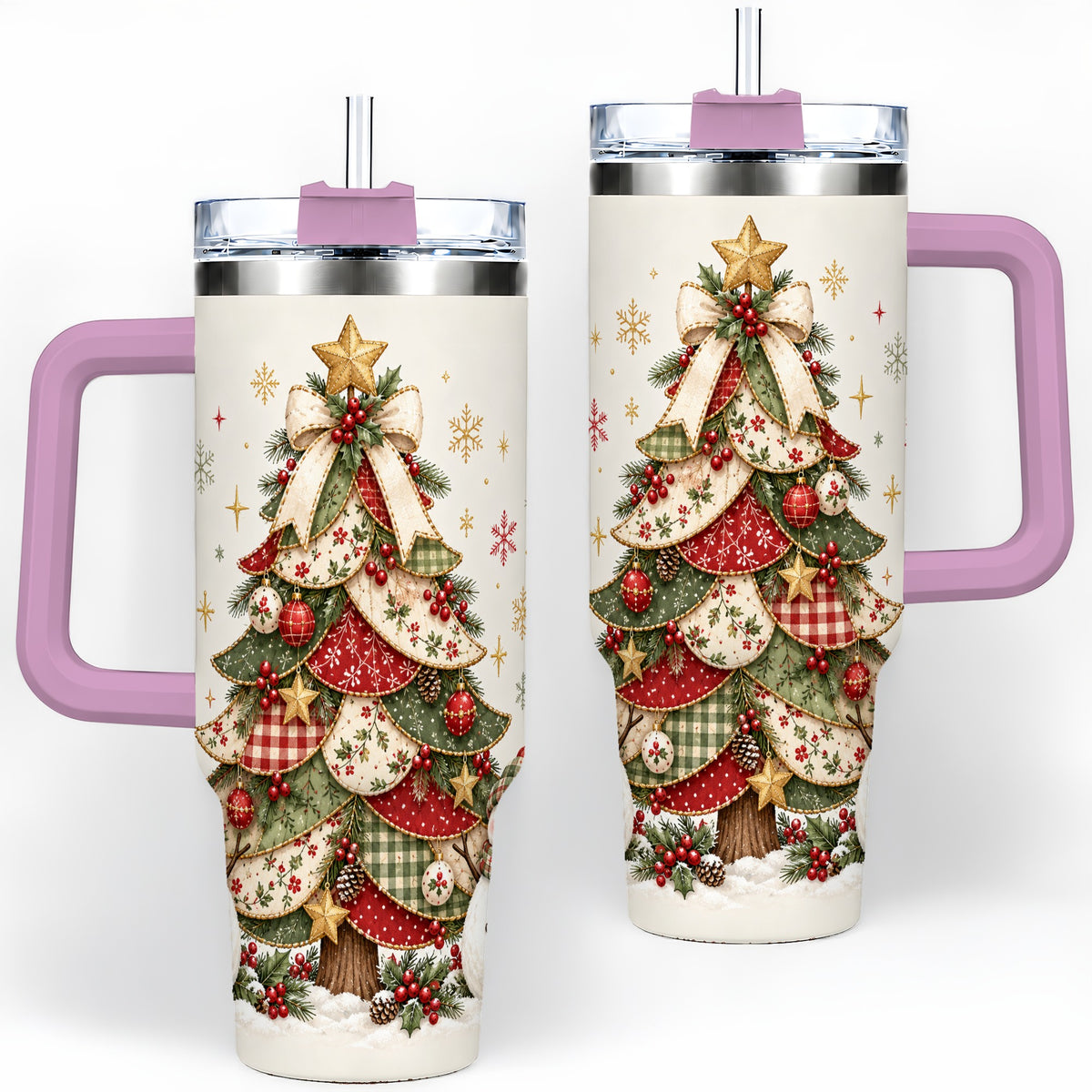 #pl[40oz|Pink] Christmas Tree Snowman Handled Tumbler, 40oz Festive Winter Drinkware