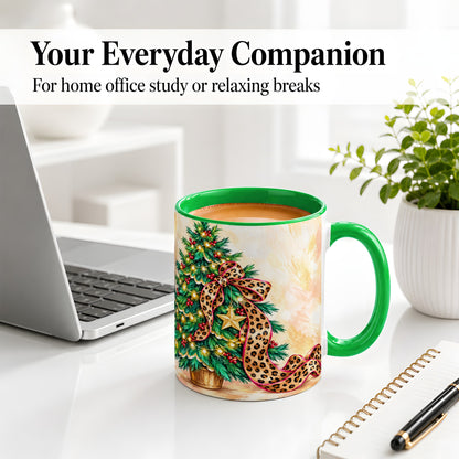 #pl[11oz|Green] Leopard Print Christmas Tree Accent Mug, Ceramic Cup with Bow Art