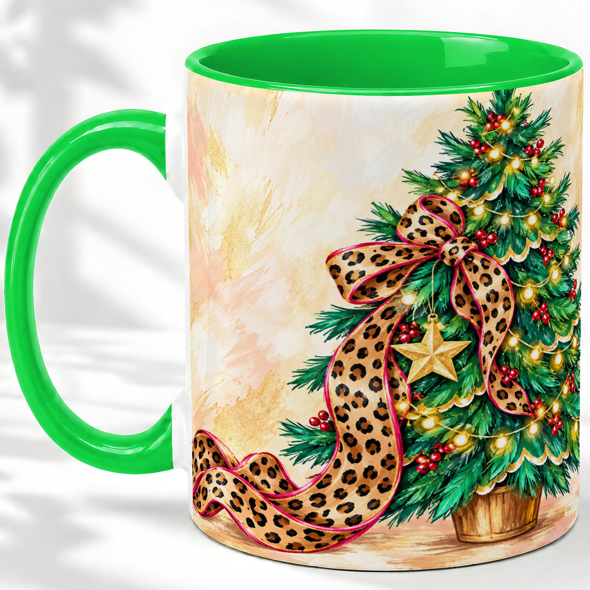 #pl[11oz|Green] Leopard Print Christmas Tree Accent Mug, Ceramic Cup with Bow Art