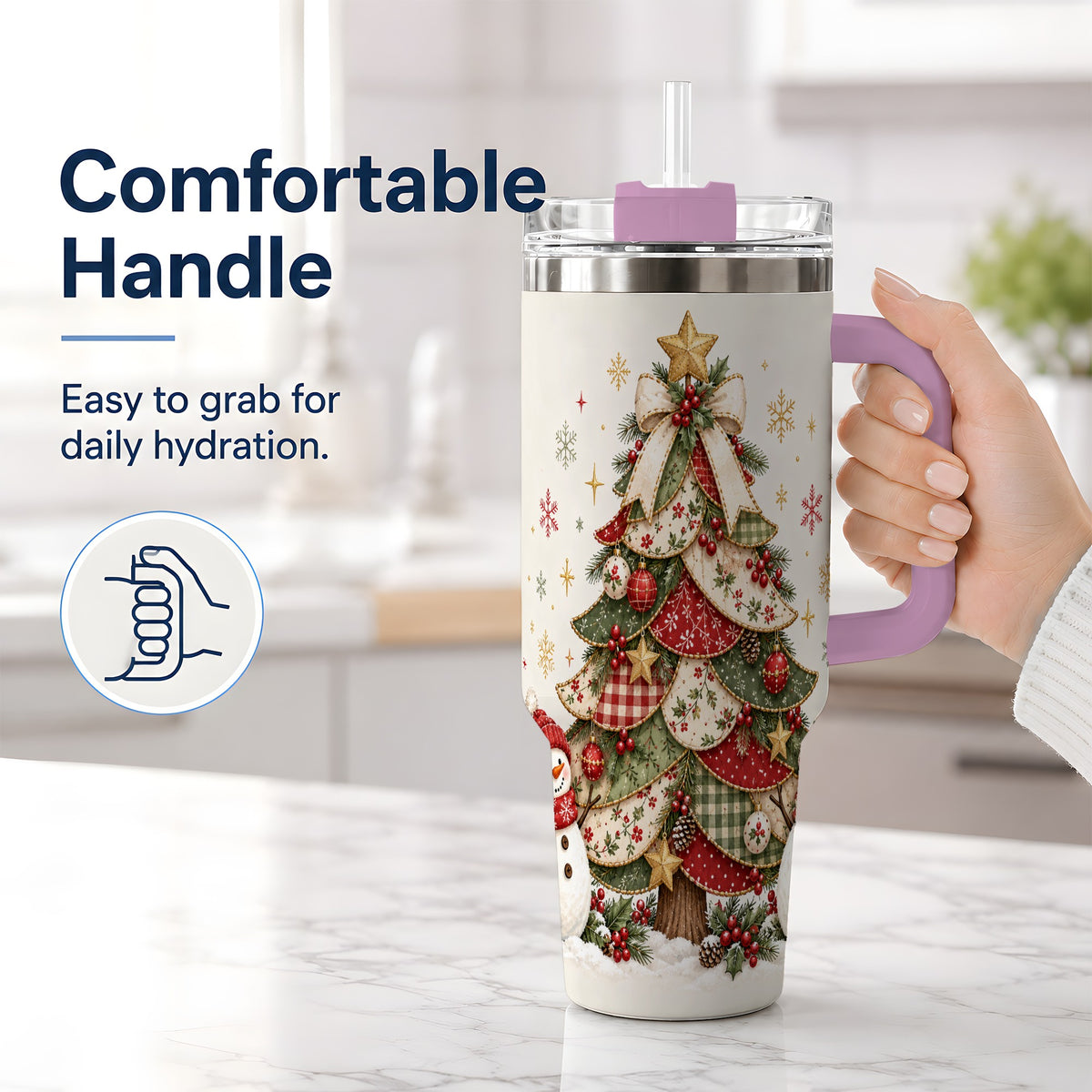 #pl[40oz|Pink] Christmas Tree Snowman Handled Tumbler, 40oz Festive Winter Drinkware