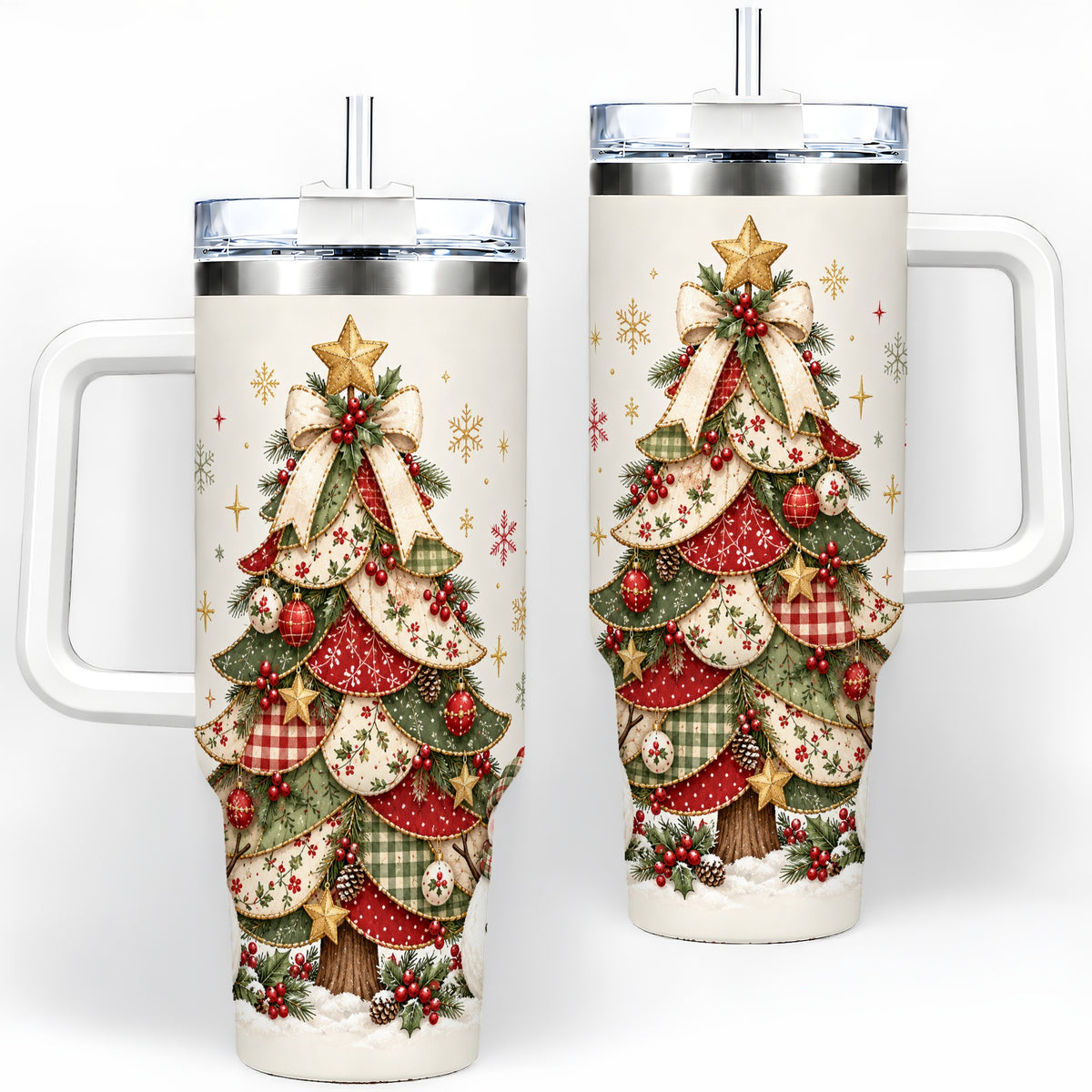 Christmas Tree Snowman Handled Tumbler, 40oz Festive Winter Drinkware