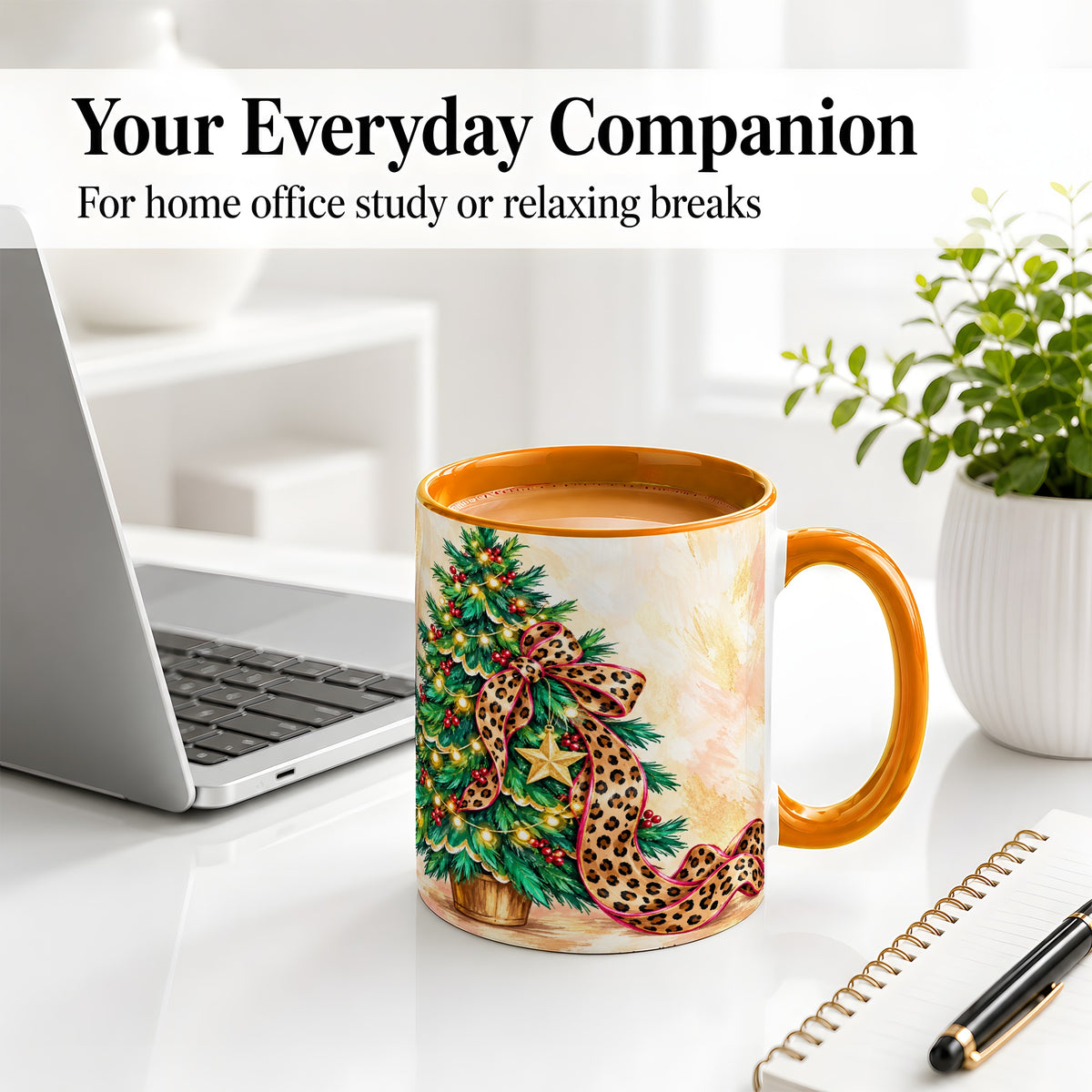 #pl[11oz|Orange] Leopard Print Christmas Tree Accent Mug, Ceramic Cup with Bow Art