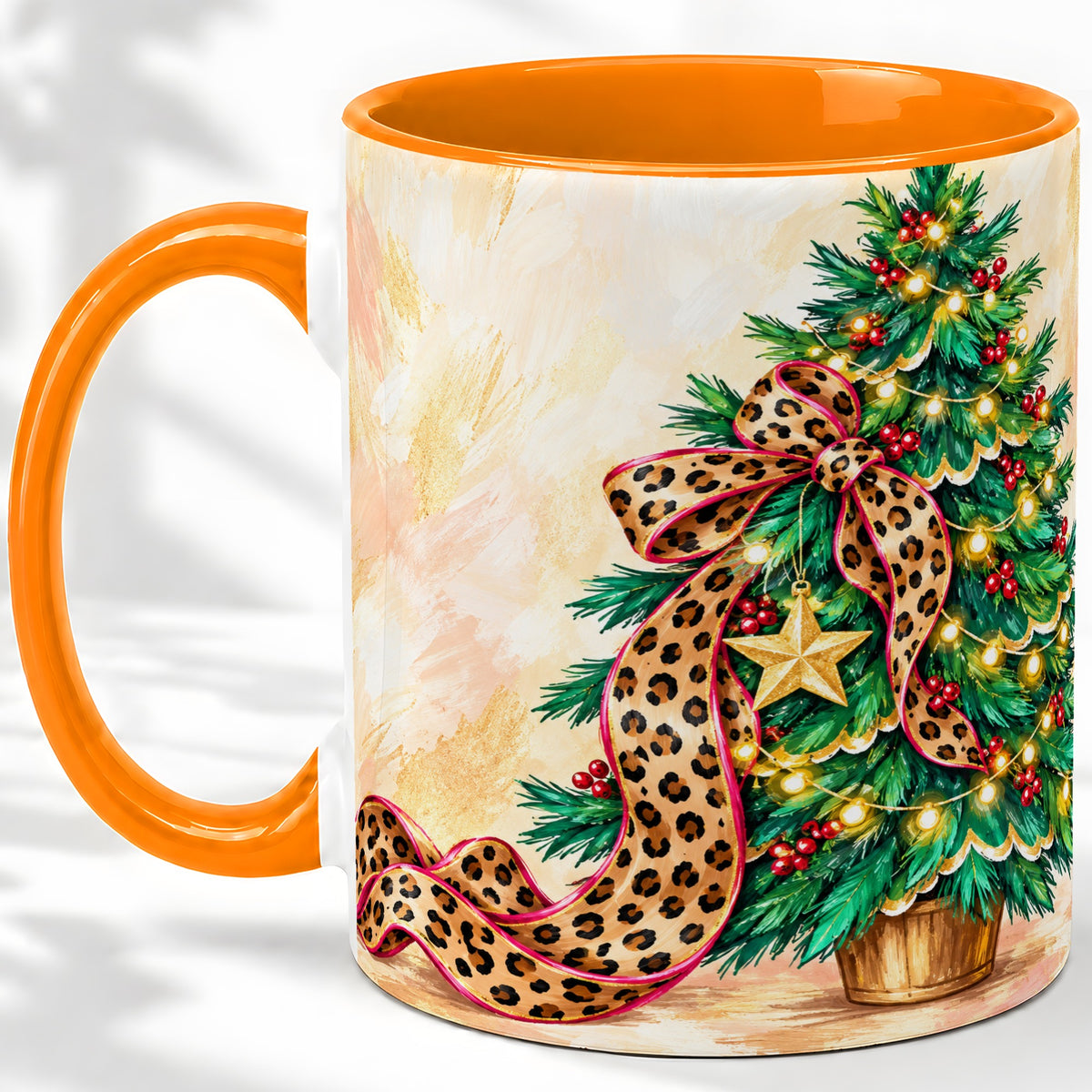 #pl[11oz|Orange] Leopard Print Christmas Tree Accent Mug, Ceramic Cup with Bow Art