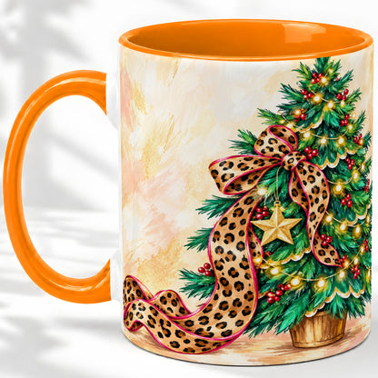 #pl[11oz|Orange] Leopard Print Christmas Tree Accent Mug, Ceramic Cup with Bow Art