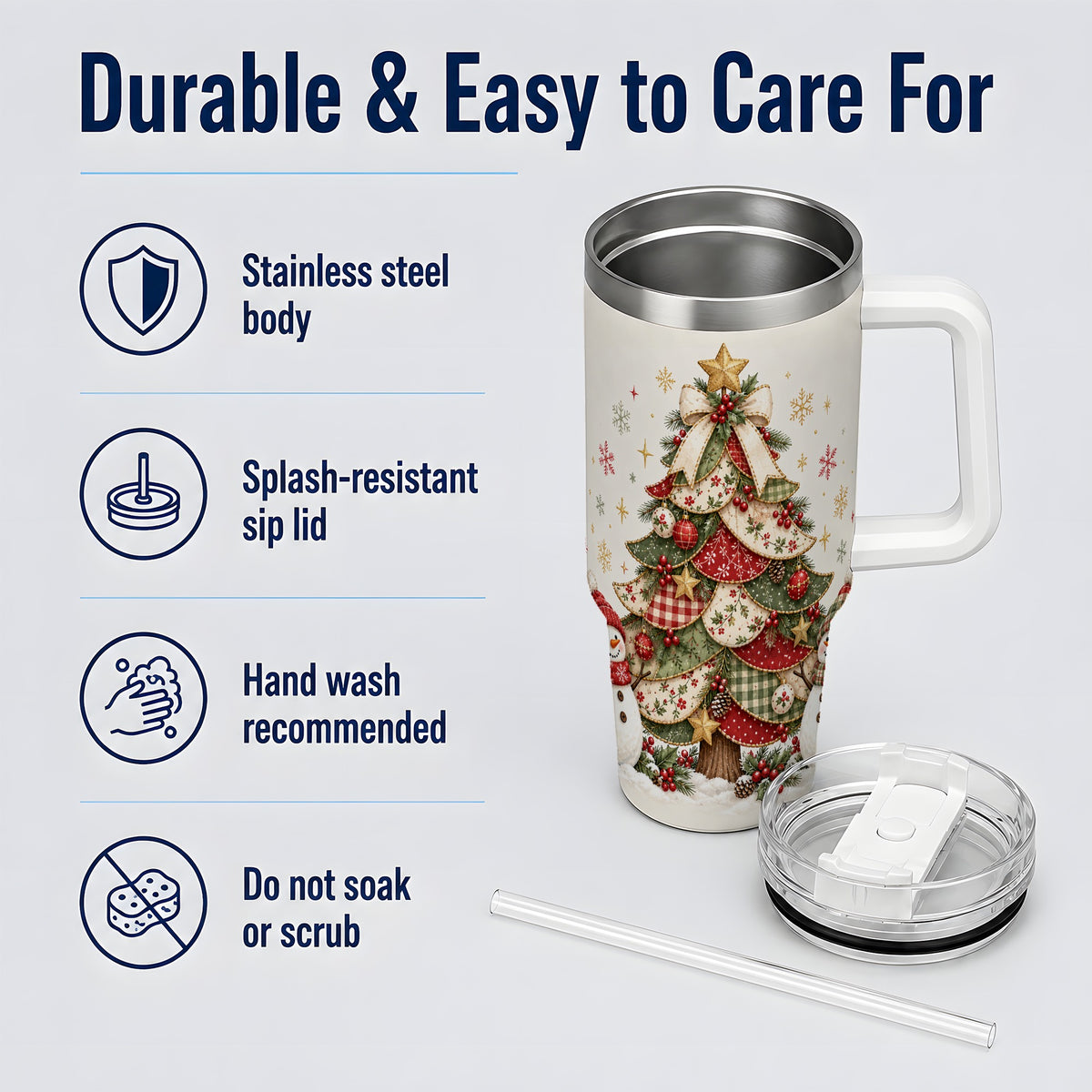Christmas Tree Snowman Handled Tumbler, 40oz Festive Winter Drinkware