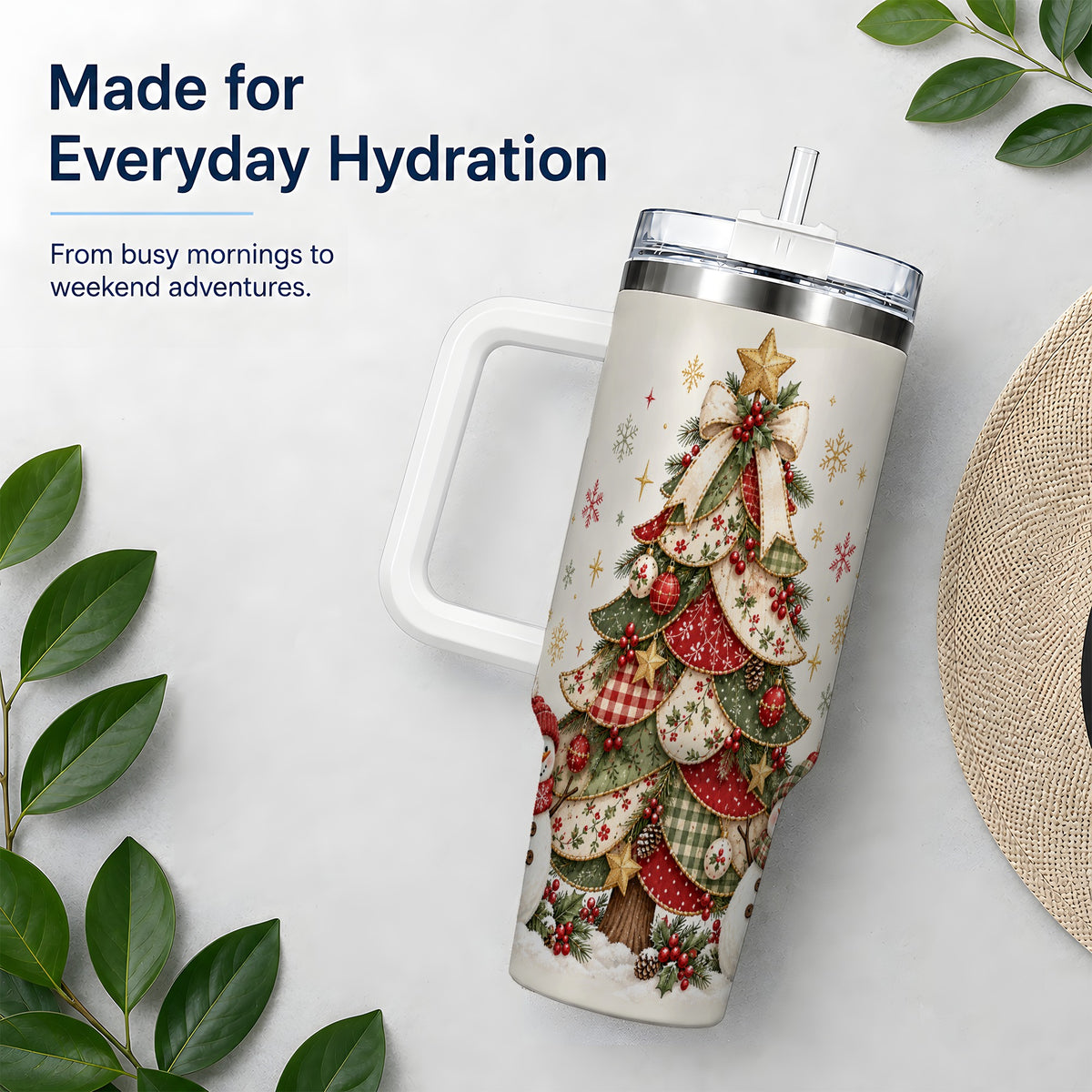 Christmas Tree Snowman Handled Tumbler, 40oz Festive Winter Drinkware
