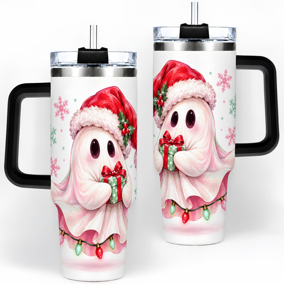 #pl[40oz|Black] Cute Christmas Ghost Handled Tumbler, 40oz Holiday Drinkware