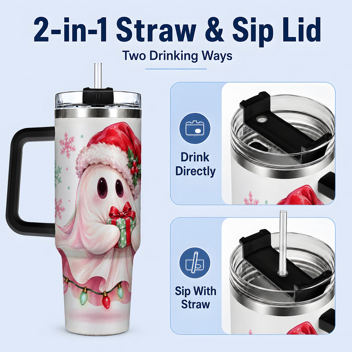 #pl[40oz|Black] Cute Christmas Ghost Handled Tumbler, 40oz Holiday Drinkware