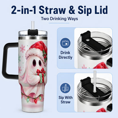 #pl[40oz|Black] Cute Christmas Ghost Handled Tumbler, 40oz Holiday Drinkware