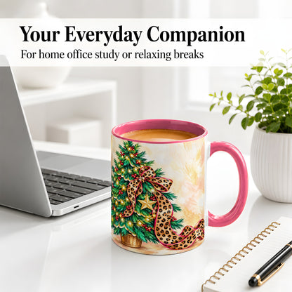 #pl[11oz|Pink] Leopard Print Christmas Tree Accent Mug, Ceramic Cup with Bow Art