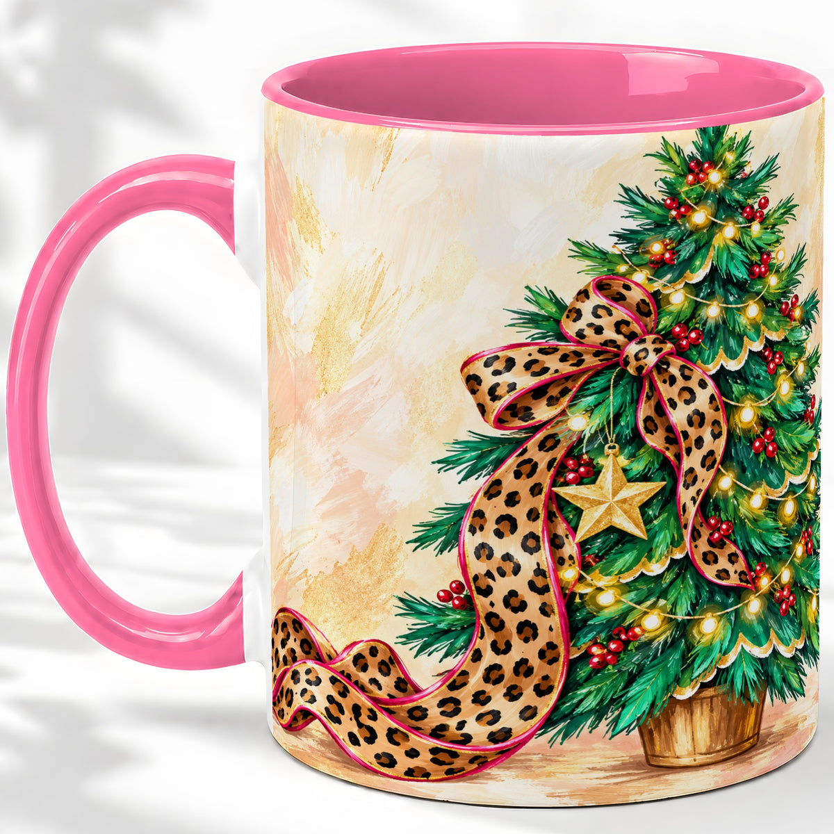 #pl[11oz|Pink] Leopard Print Christmas Tree Accent Mug, Ceramic Cup with Bow Art