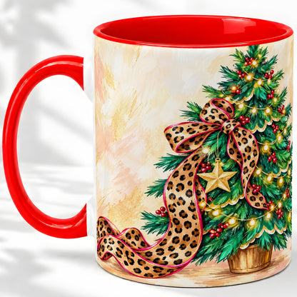 Leopard Print Christmas Tree Accent Mug, Ceramic Cup with Bow Art