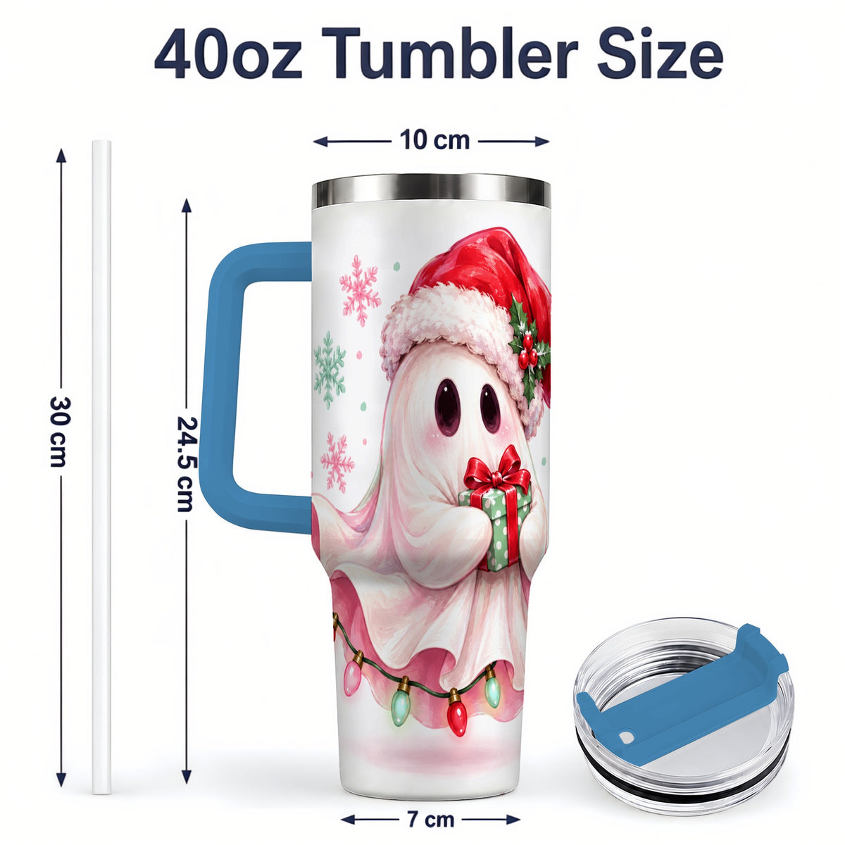 #pl[40oz|Blue] Cute Christmas Ghost Handled Tumbler, 40oz Holiday Drinkware