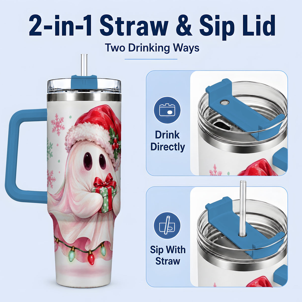 #pl[40oz|Blue] Cute Christmas Ghost Handled Tumbler, 40oz Holiday Drinkware
