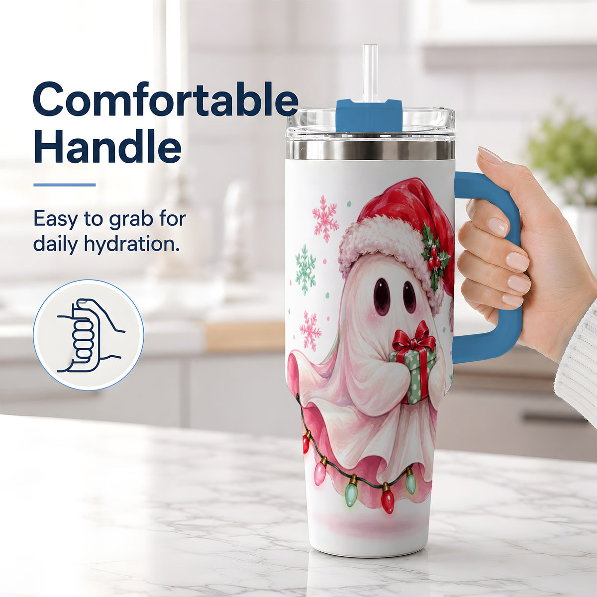 #pl[40oz|Blue] Cute Christmas Ghost Handled Tumbler, 40oz Holiday Drinkware
