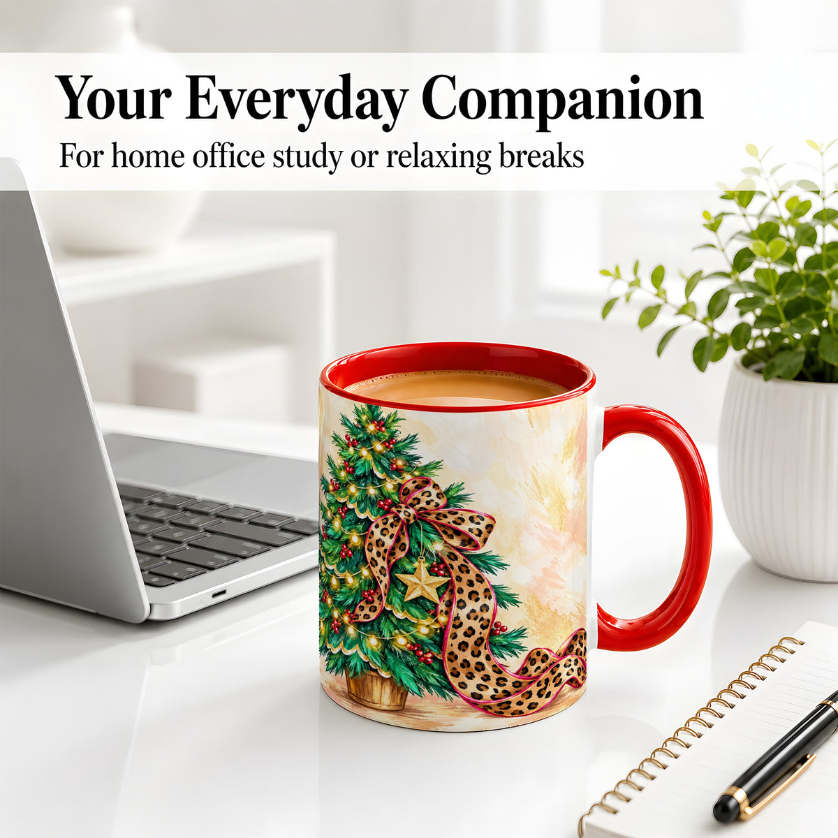 #pl[11oz|Red] Leopard Print Christmas Tree Accent Mug, Ceramic Cup with Bow Art