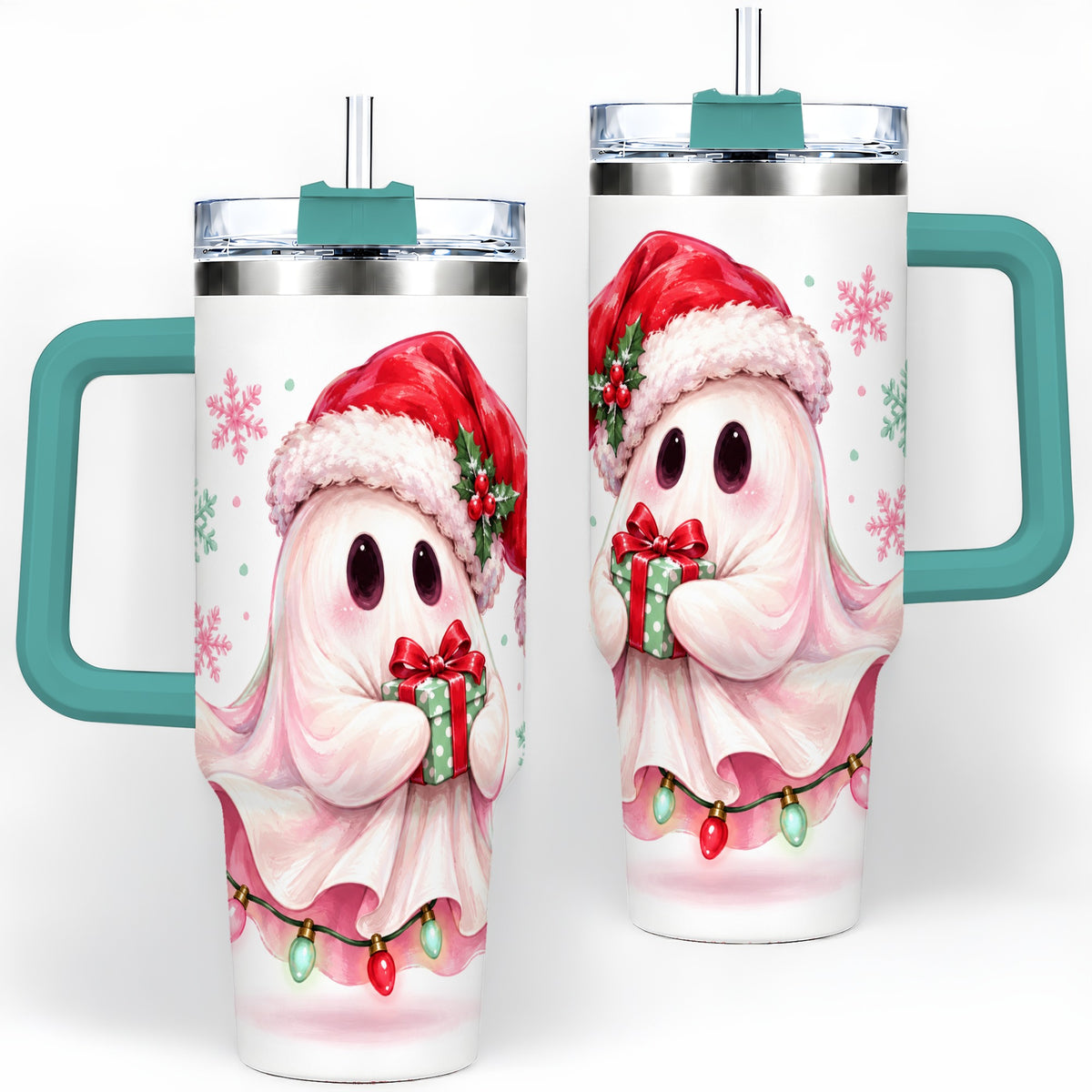 #pl[40oz|Green] Cute Christmas Ghost Handled Tumbler, 40oz Holiday Drinkware