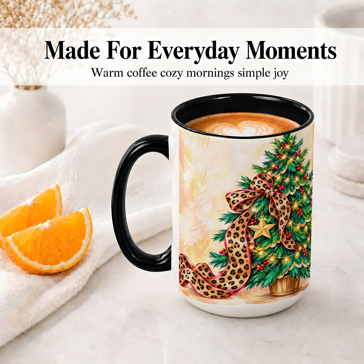 #pl[15oz|Black] Leopard Print Christmas Tree Accent Mug, Ceramic Cup with Bow Art