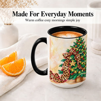 #pl[15oz|Black] Leopard Print Christmas Tree Accent Mug, Ceramic Cup with Bow Art