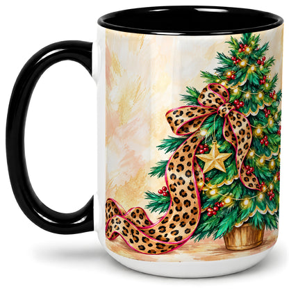 #pl[15oz|Black] Leopard Print Christmas Tree Accent Mug, Ceramic Cup with Bow Art