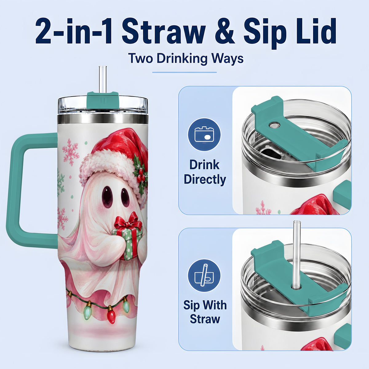 #pl[40oz|Green] Cute Christmas Ghost Handled Tumbler, 40oz Holiday Drinkware