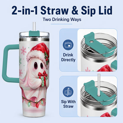 #pl[40oz|Green] Cute Christmas Ghost Handled Tumbler, 40oz Holiday Drinkware