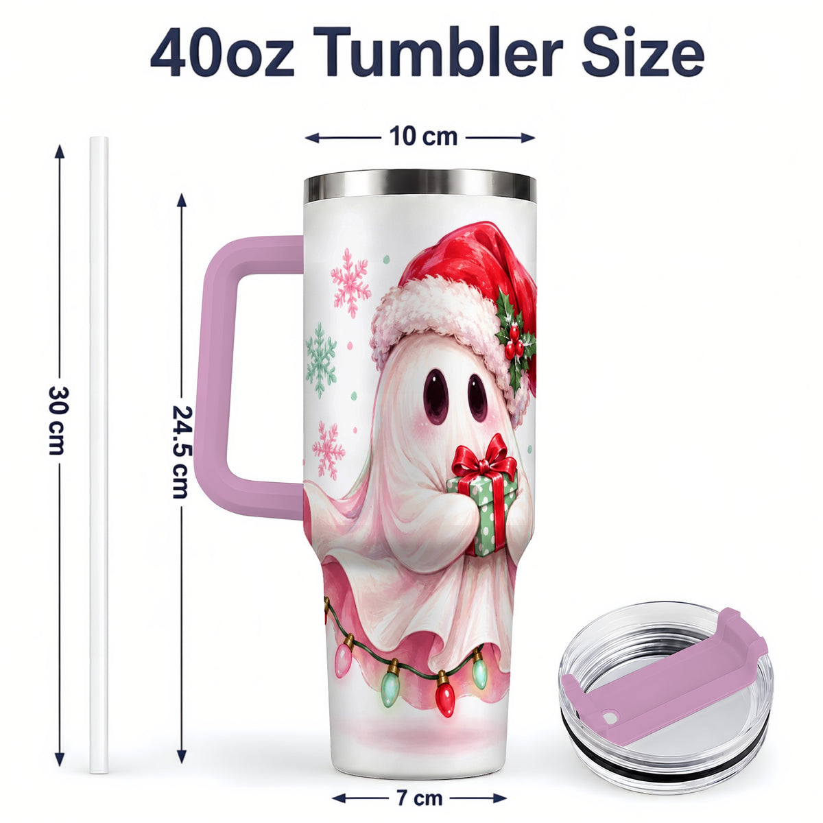 #pl[40oz|Pink] Cute Christmas Ghost Handled Tumbler, 40oz Holiday Drinkware