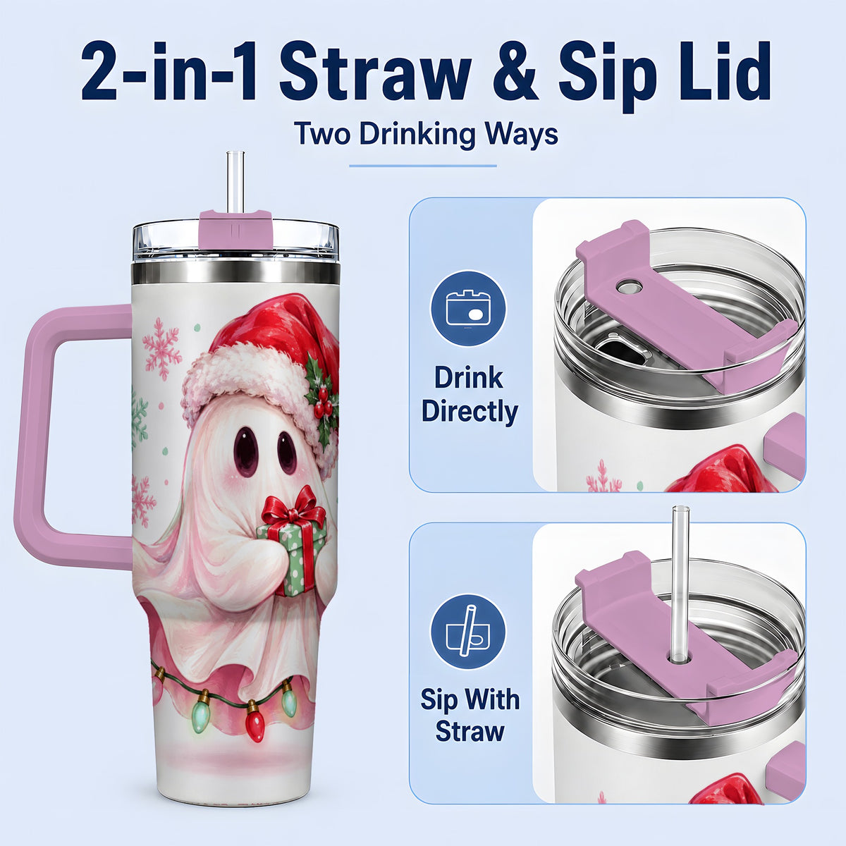 #pl[40oz|Pink] Cute Christmas Ghost Handled Tumbler, 40oz Holiday Drinkware