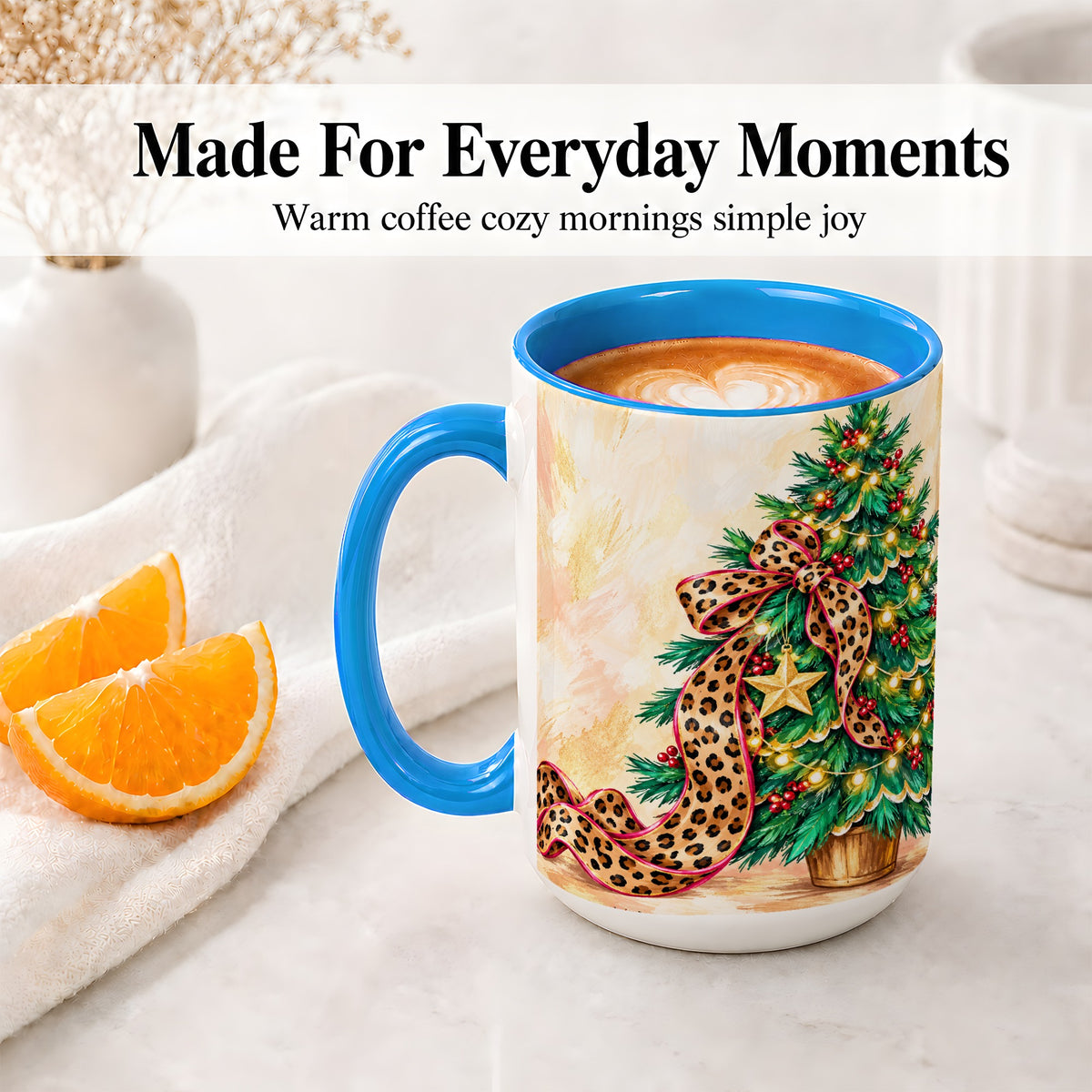 #pl[15oz|Blue] Leopard Print Christmas Tree Accent Mug, Ceramic Cup with Bow Art