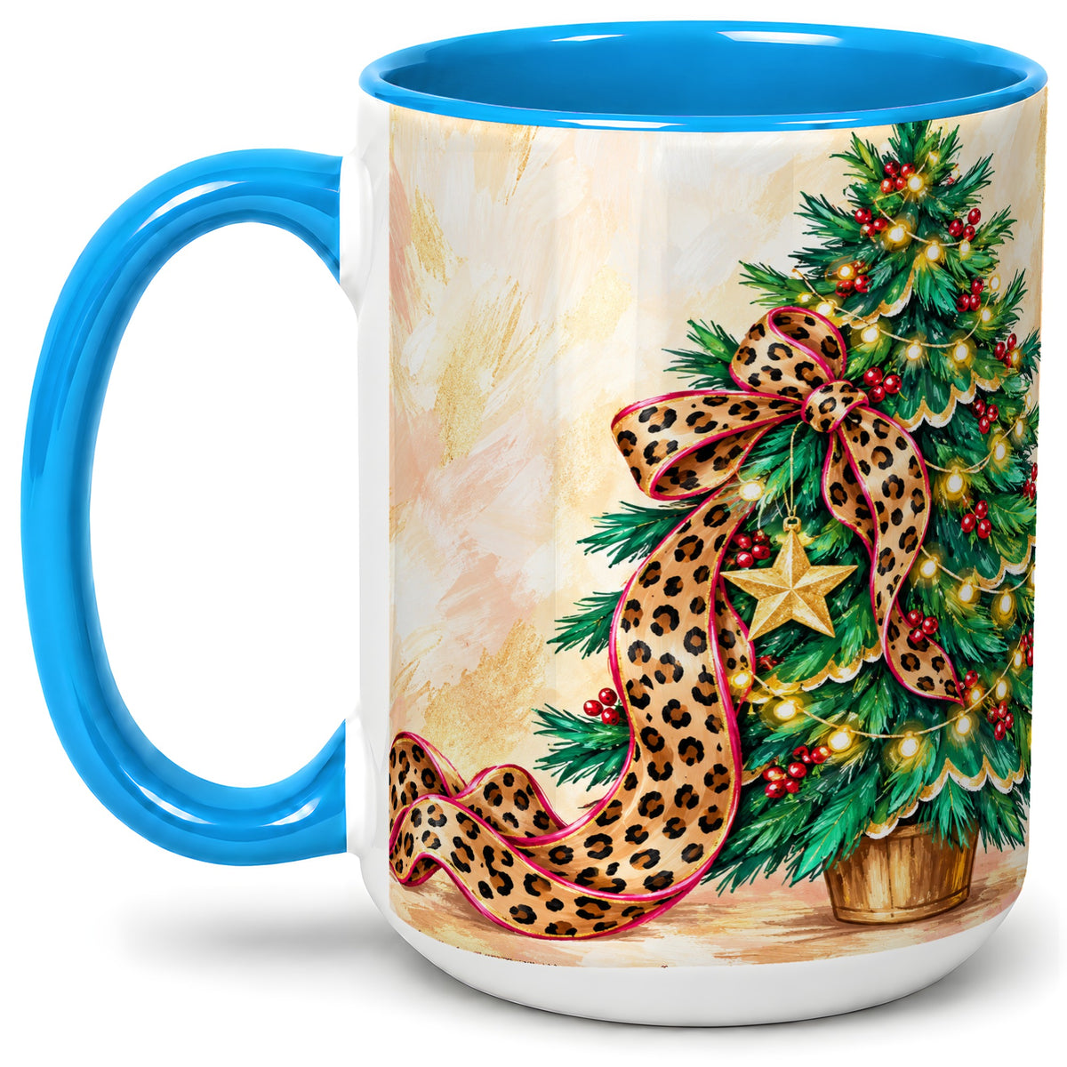 #pl[15oz|Blue] Leopard Print Christmas Tree Accent Mug, Ceramic Cup with Bow Art