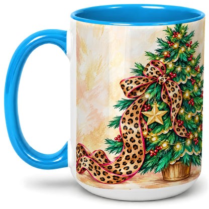 #pl[15oz|Blue] Leopard Print Christmas Tree Accent Mug, Ceramic Cup with Bow Art