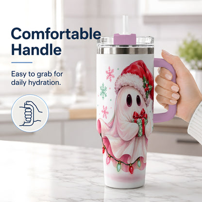 #pl[40oz|Pink] Cute Christmas Ghost Handled Tumbler, 40oz Holiday Drinkware