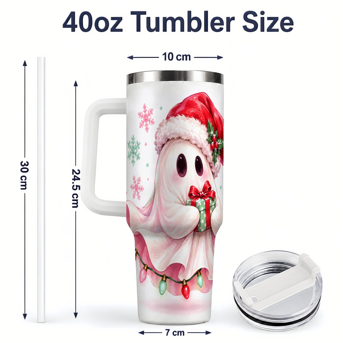 #pl[40oz|White] Cute Christmas Ghost Handled Tumbler, 40oz Holiday Drinkware