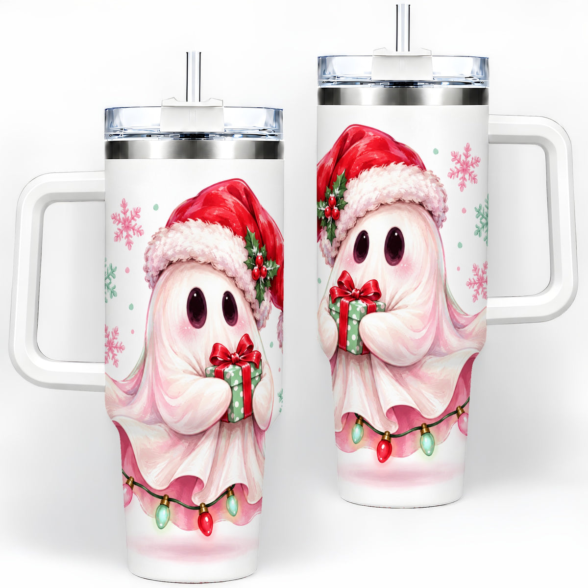 Cute Christmas Ghost Handled Tumbler, 40oz Holiday Drinkware