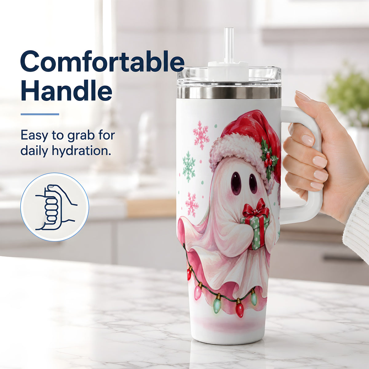 #pl[40oz|White] Cute Christmas Ghost Handled Tumbler, 40oz Holiday Drinkware