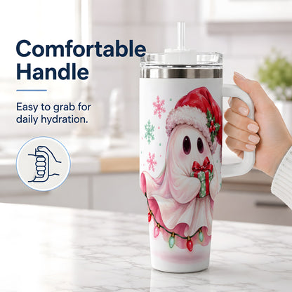#pl[40oz|White] Cute Christmas Ghost Handled Tumbler, 40oz Holiday Drinkware
