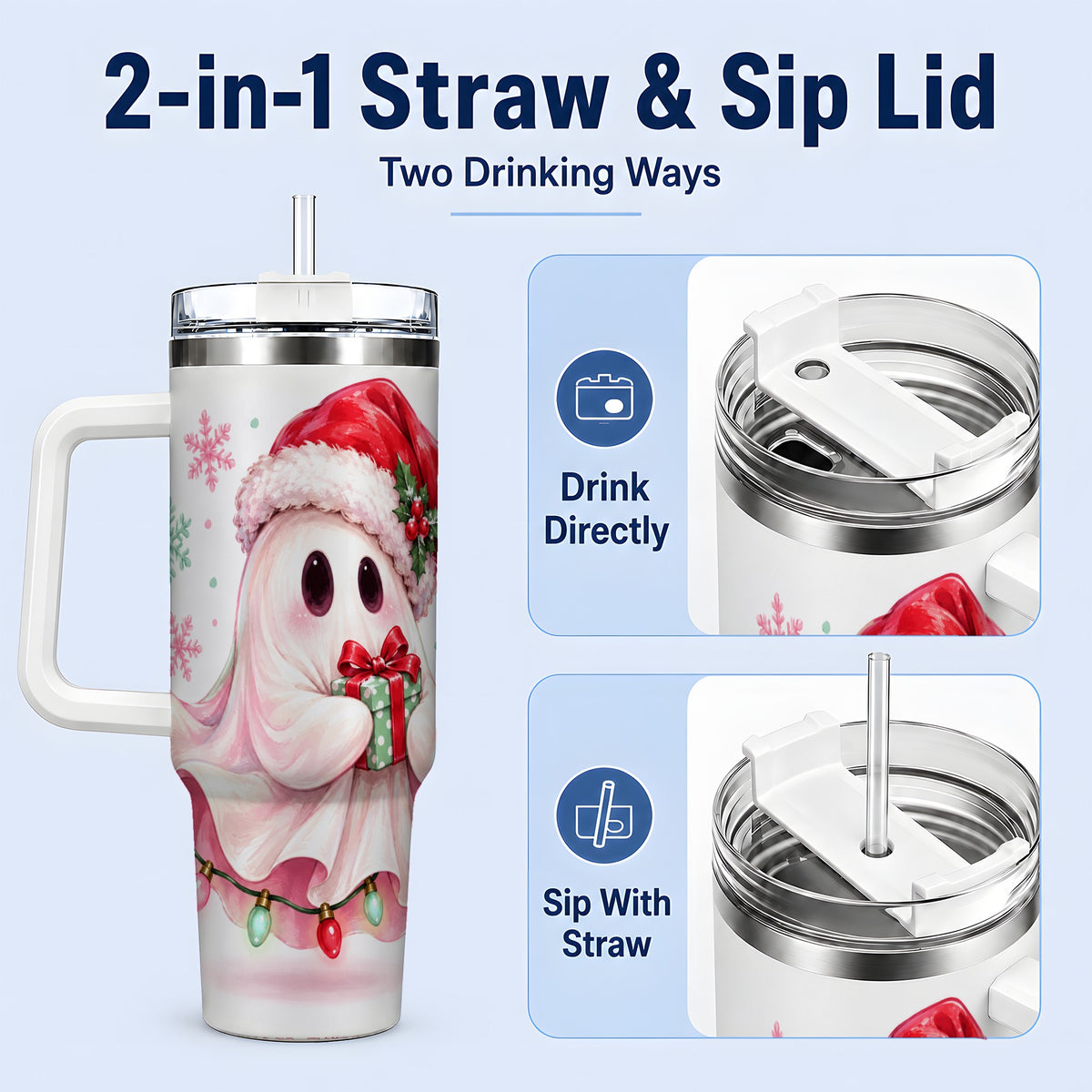 #pl[40oz|White] Cute Christmas Ghost Handled Tumbler, 40oz Holiday Drinkware
