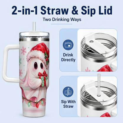 #pl[40oz|White] Cute Christmas Ghost Handled Tumbler, 40oz Holiday Drinkware