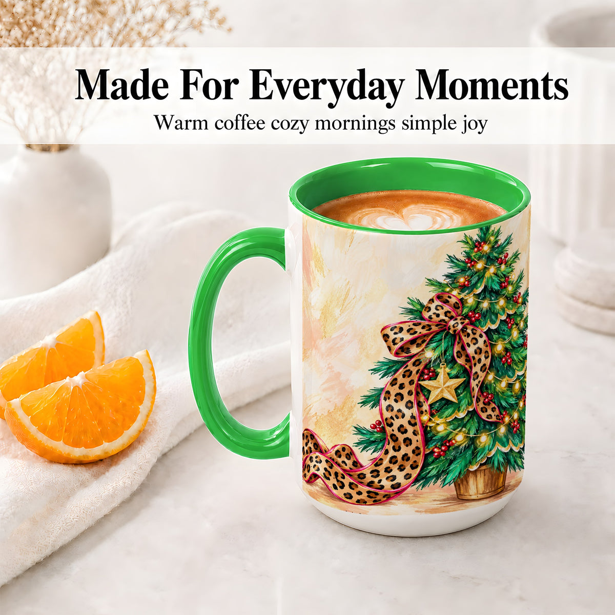 #pl[15oz|Green] Leopard Print Christmas Tree Accent Mug, Ceramic Cup with Bow Art