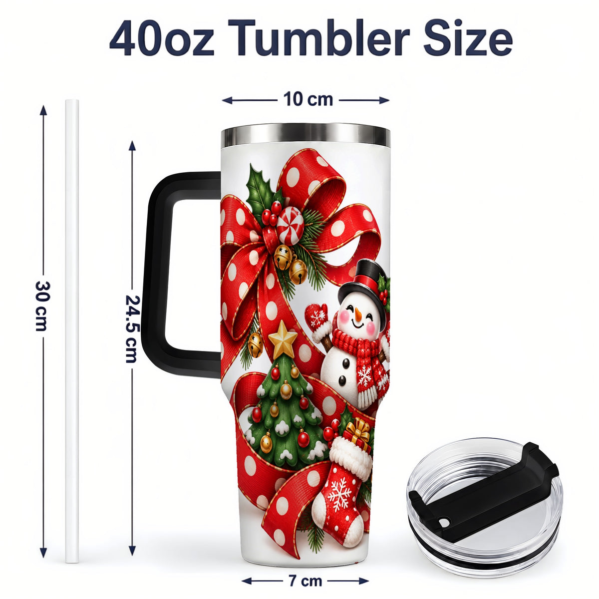 #pl[40oz|Black] Snowman Christmas Bow Handled Tumbler, 40oz Holiday Drinkware