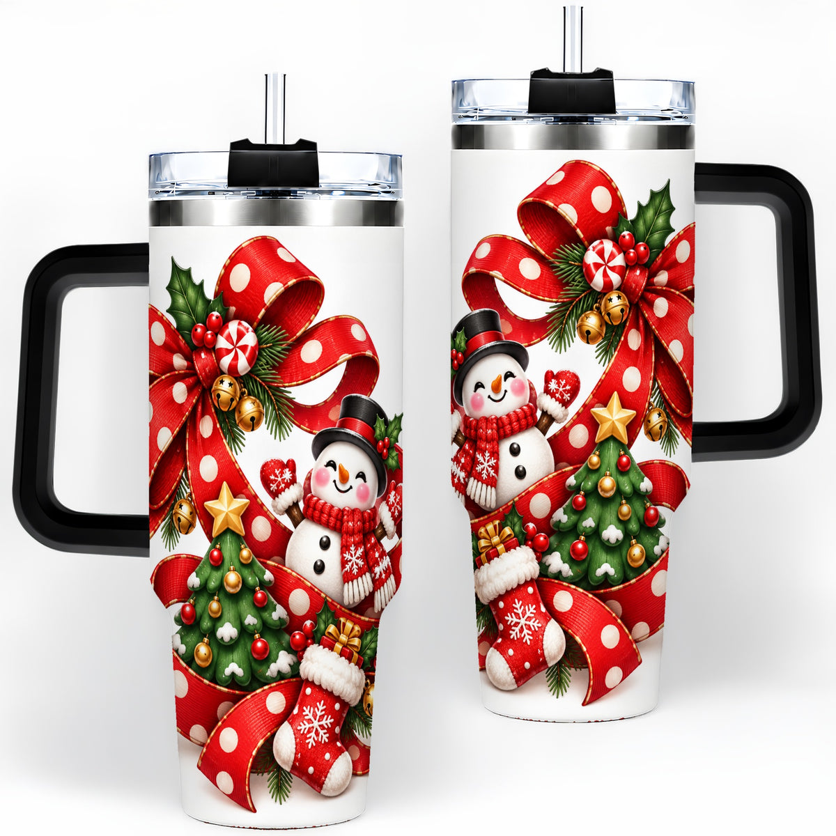 #pl[40oz|Black] Snowman Christmas Bow Handled Tumbler, 40oz Holiday Drinkware