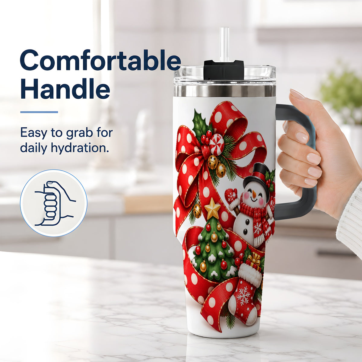 #pl[40oz|Black] Snowman Christmas Bow Handled Tumbler, 40oz Holiday Drinkware