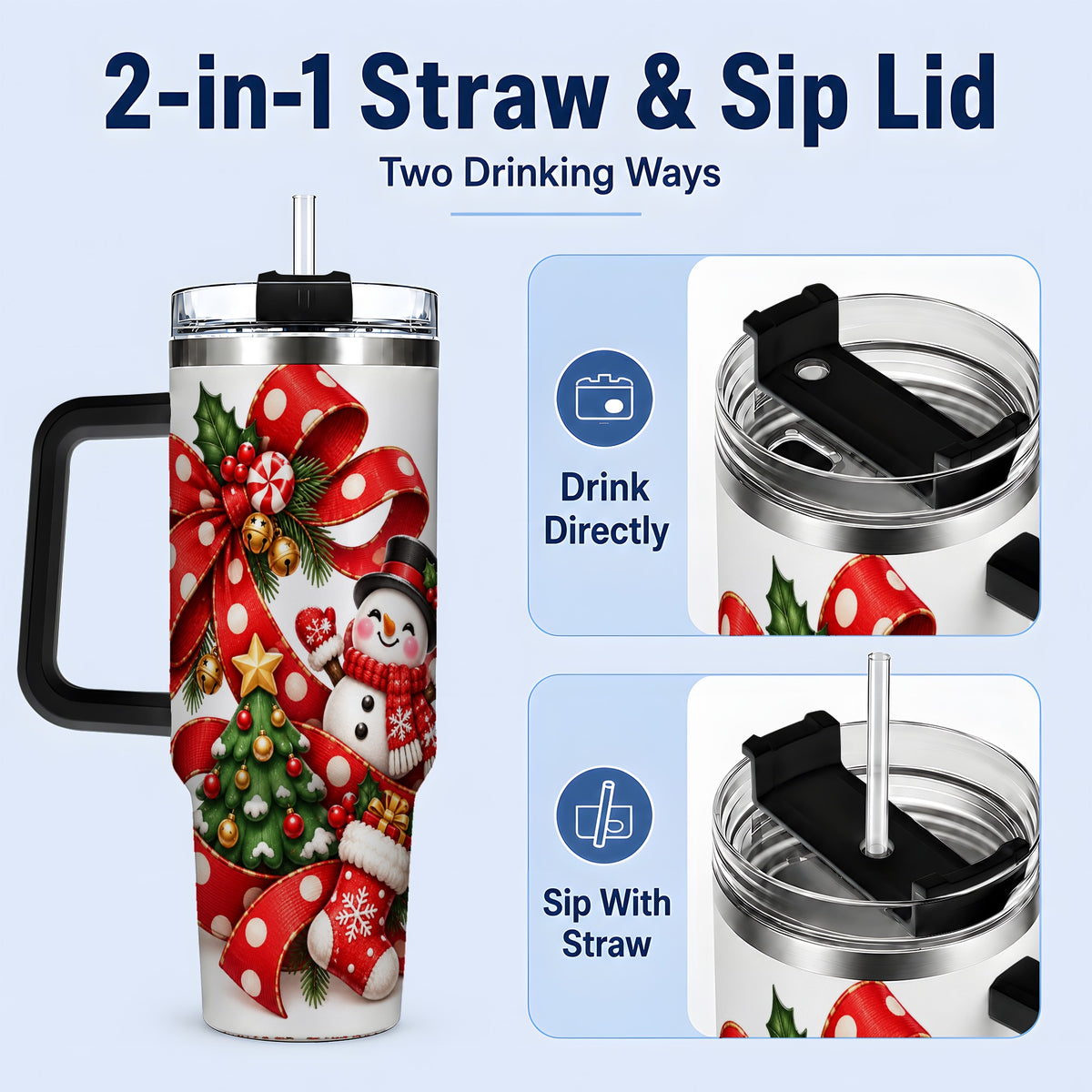 #pl[40oz|Black] Snowman Christmas Bow Handled Tumbler, 40oz Holiday Drinkware