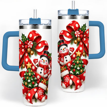 #pl[40oz|Blue] Snowman Christmas Bow Handled Tumbler, 40oz Holiday Drinkware