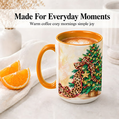 #pl[15oz|Orange] Leopard Print Christmas Tree Accent Mug, Ceramic Cup with Bow Art