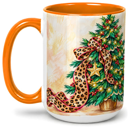 #pl[15oz|Orange] Leopard Print Christmas Tree Accent Mug, Ceramic Cup with Bow Art