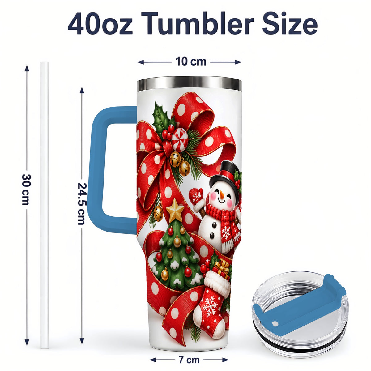 #pl[40oz|Blue] Snowman Christmas Bow Handled Tumbler, 40oz Holiday Drinkware
