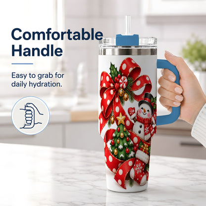 #pl[40oz|Blue] Snowman Christmas Bow Handled Tumbler, 40oz Holiday Drinkware